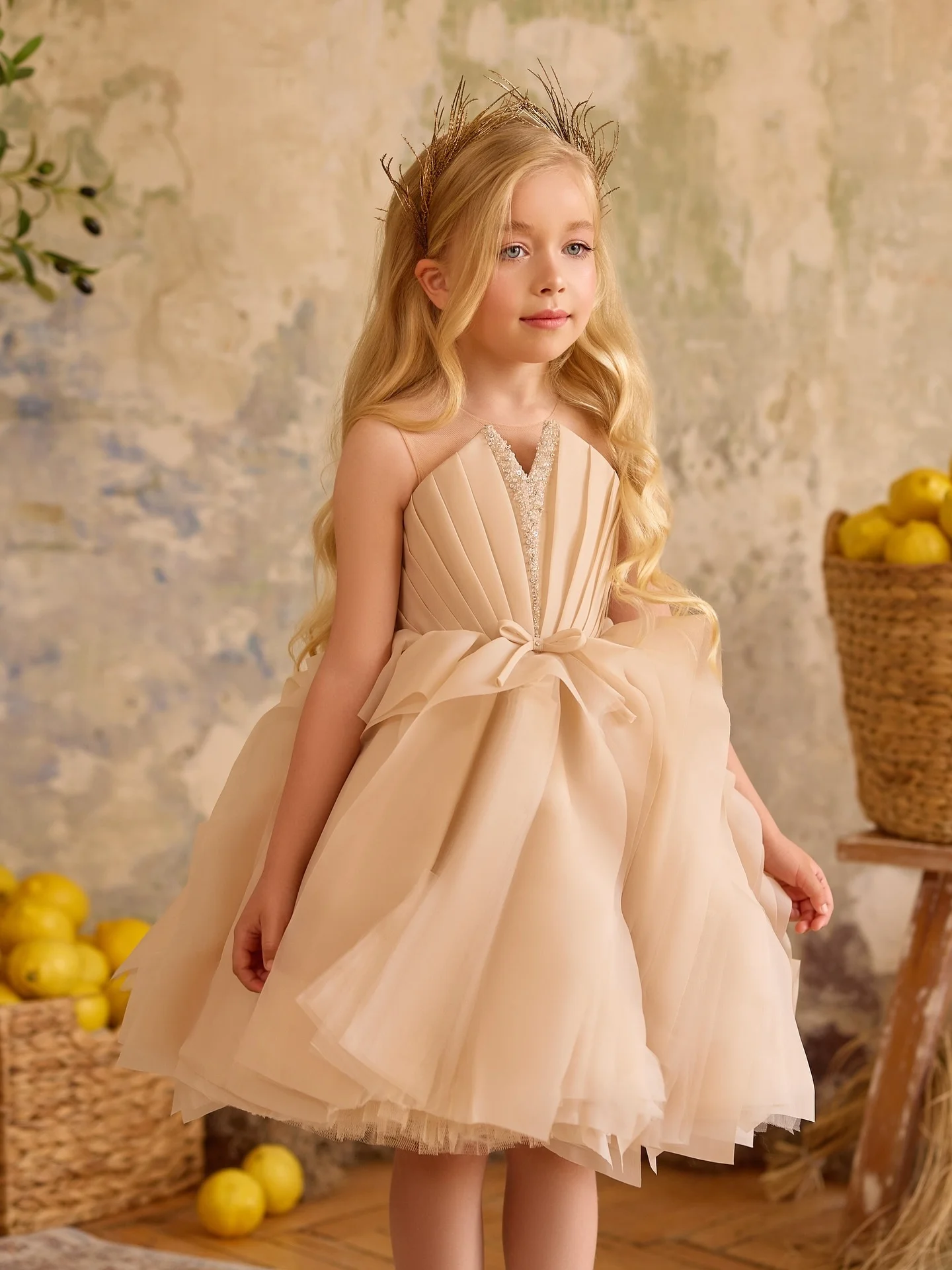 Beige Ruffles Flower Girl Dresses Baby Girl's Birthday Party Gowns Knee Length Short First Communion Dresses