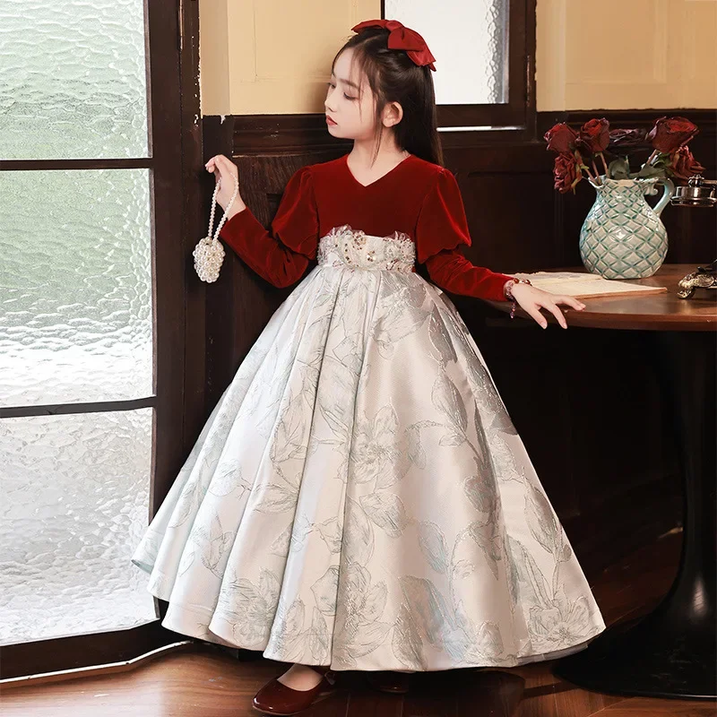 Red Long Sleeve Childrens Party Dress Flower Girl WeddingPerformance Outfit Kids Pageant Princess Gown Birthday Host Piano