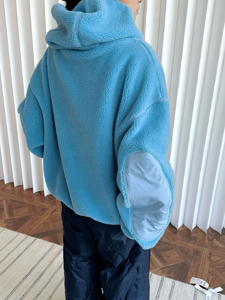 [EAM] Blue Lambswool Thick Casual Sweatshirt New Hooded Long Sleeve Women Big Size Fashion Tide Autumn Winter 2023 1DH7863