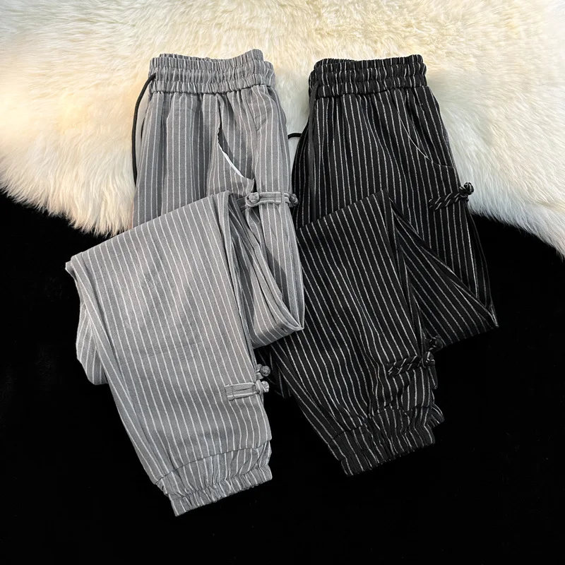 Men Pants Striped Bunched Feet Cotton Pants Men Summer Retro Loose Draw Rope Straight Leg Small Foot Nine Quarterback Pants