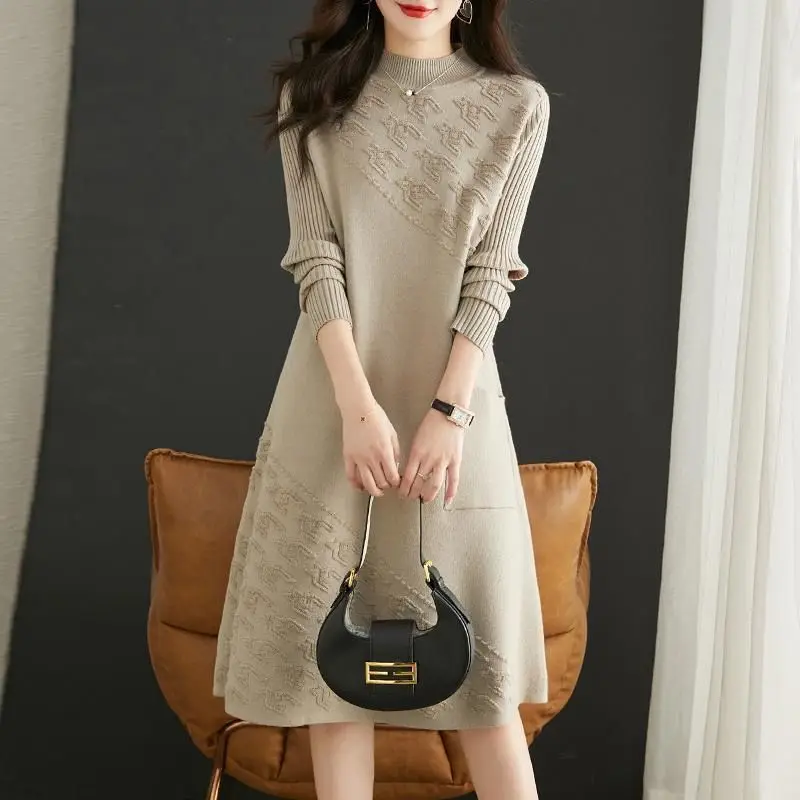 Women Dresses Mid-Length Shirt Below The Knee Sweater  Autumn Winter New Knitted  for  Fashion and Elegant H12