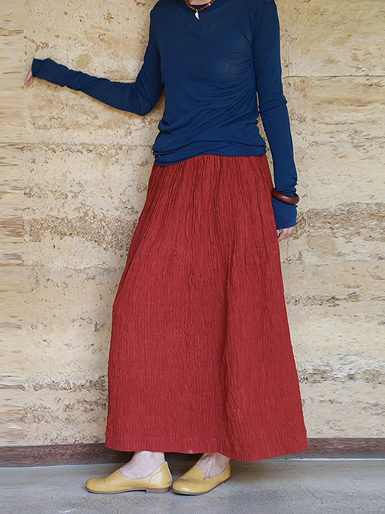 

Travel Casual Cotton f Skirt Women's Loose Fit A-Line Skirt Elastic Waist Artistic Dyed Pleated Simple Mid-Length Spring