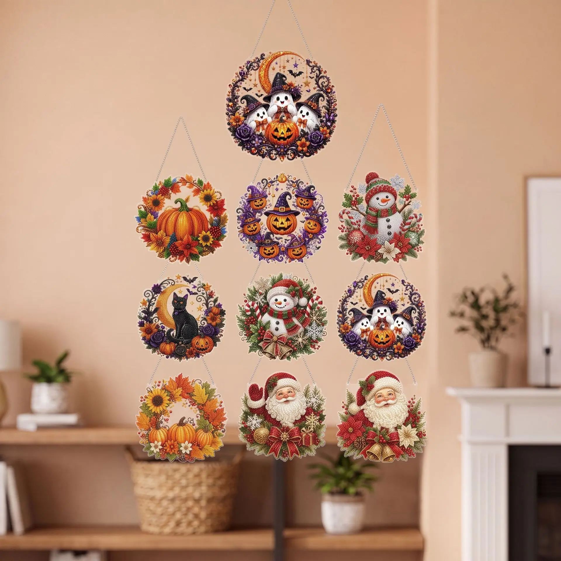 Halloween Diamond Art Hanging Wreath Kit Pumpkin Ghost Black Cat DIY Diamond Painting Hanging Ornament Home Wall Decor Family Parent-child Craft Gift