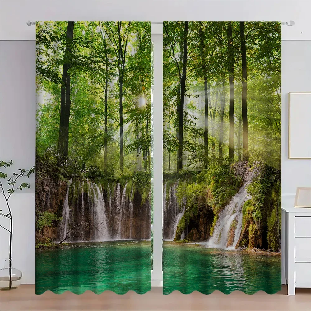 2pcs Forest Waterfall Scenic Printed Curtains, Designed for Light Filtering, Quality Material, Ideal for Nature-Inspired Home Wi