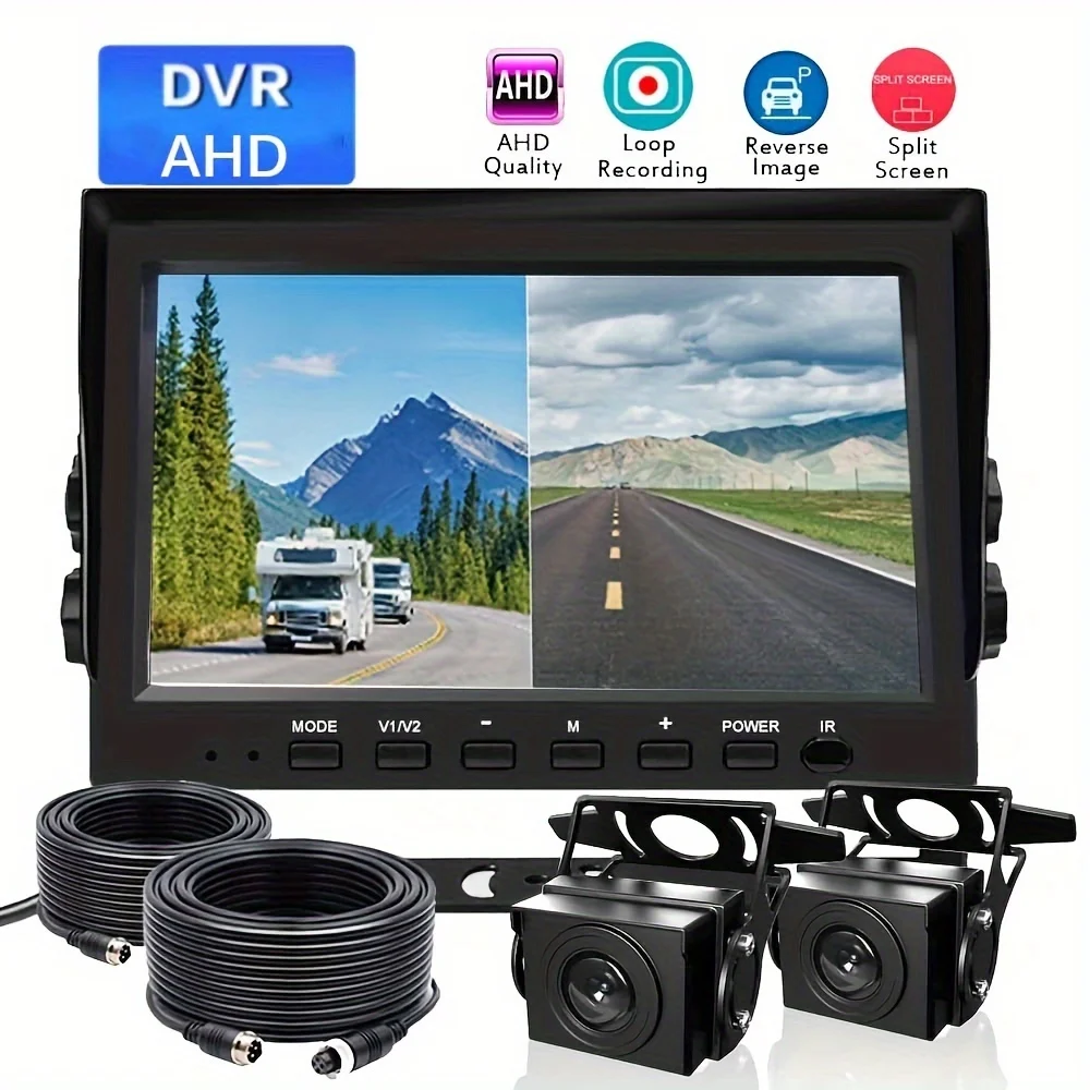 

Dual Split-View DVR 7'' Monitor with HD Backup Cameras - Wide Voltage Compatibility, 5m+15m Cables, Perfect for Trucks,Trailers