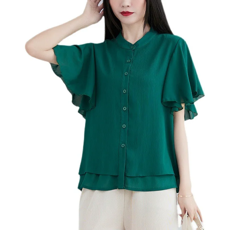 بلوزة نسائية صيفية جديدة فضفاضة بياقة عالية وأكمام قصيرة بلون واحد، متوفرة بـ 4 لونًا، مناسبة للعمل، مصنوعة من نسيج البوليستر