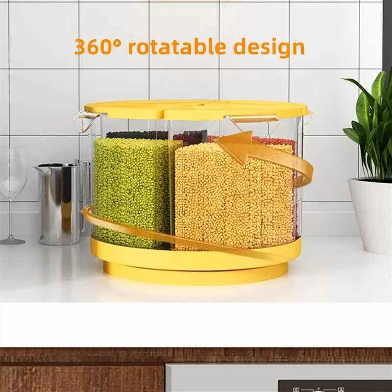 

360° Rotating Divided Grain Storage Box Rice Bucket Household Insect Moisture Proof Sealed Rice Dispenser Kitchen Storage Tools