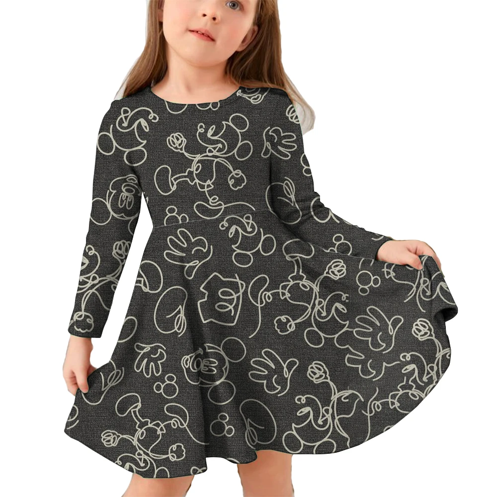 MINISO Disney Mickey Mouse Autumn Girls Long Sleeve Dress Cute 3D Print Girls Dress Fashion Children's Clothing Party Boys Tren