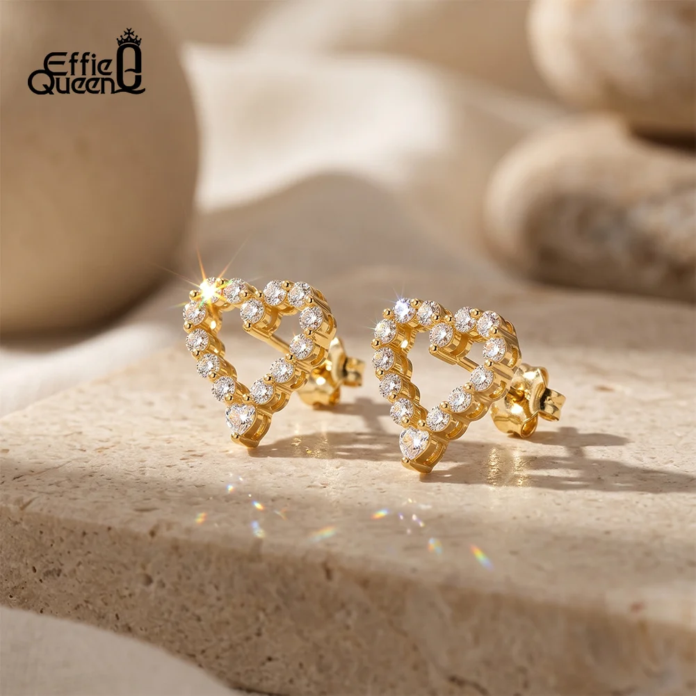 Effie Queen D Color Moissanite Hollow Heart Stud Earrings 925 Sterling Silver Elegant Ear Stud Women Party Fine Jewelry SMOE34