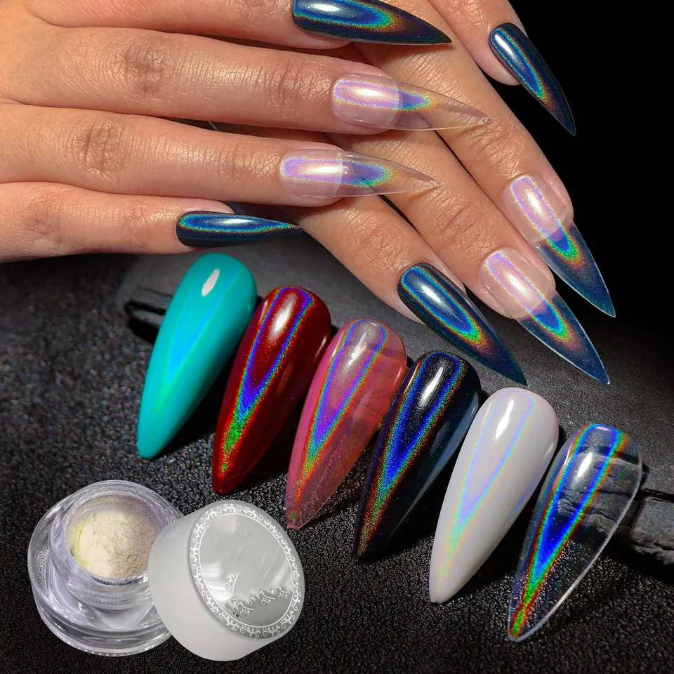 1 Frasco de Brillo Láser Universal para Uñas, Polvo Holográfico Transparente, Brillo Mágico Aurora Espejo, Pigmento para Gel UV 3