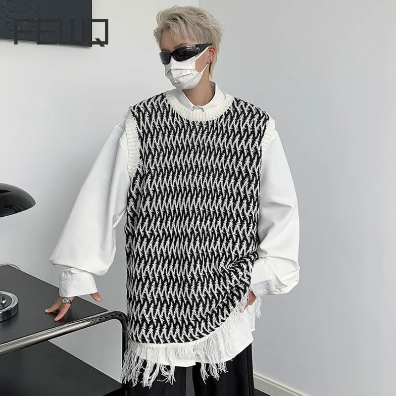 

Мужской трикотажный жилет с кисточками FEWQ, разноцветный контрастный жилет без рукавов с круглым вырезом, японские топы, новинка 2023, 24X1836