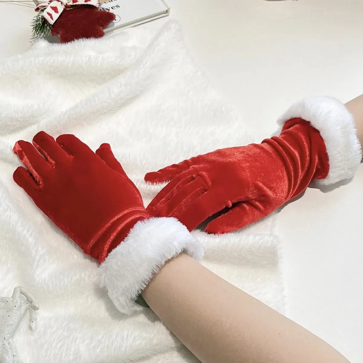 

Santa Claus Gloves Mittens Solid Fur Party Short Red Full Finger Gloves Christmas Festive Costume Accessory Women New Year Gift