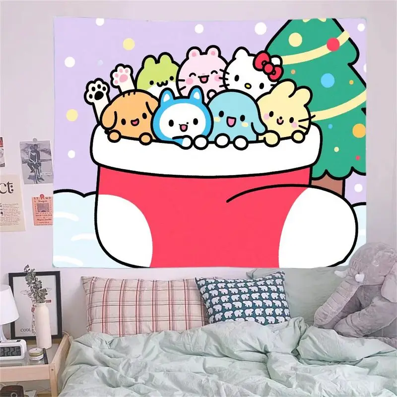 1PC 헬로 키티 & 친구 Kawaii 크리스마스 스타킹 태피스트리 휴일 벽 예술 귀여운 만화 폴리 에스터 홈 장식 거실 침실