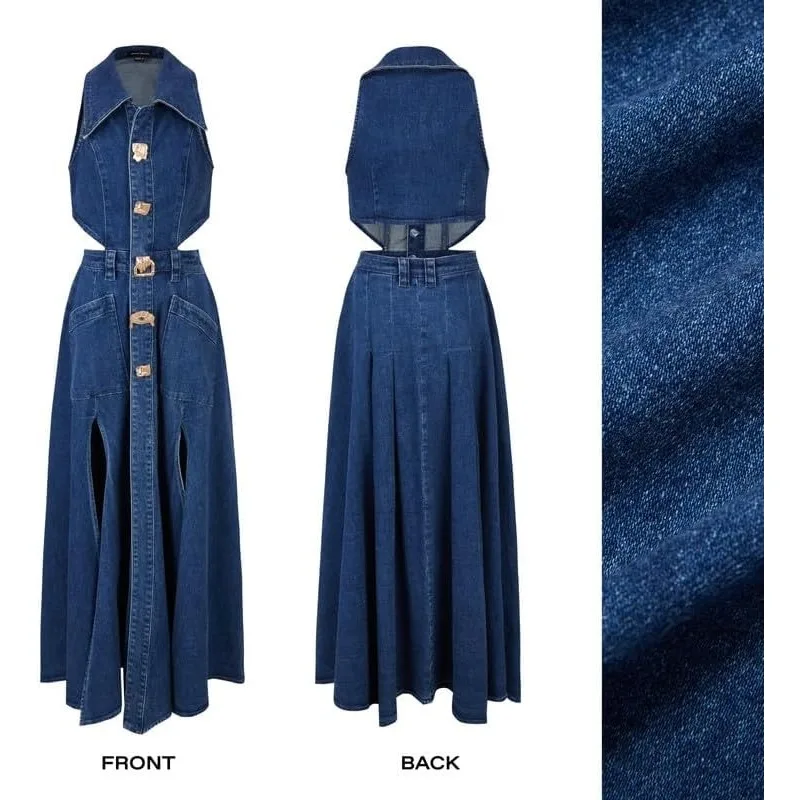 เดรสยีนส์ติดกระดุม - ชุดเดรสทรงเอไลน์ผ่าข้าง คอปกเว้าช่วงเอว ช่วยให้ดูผอมเพรียว รุ่นปี 2025