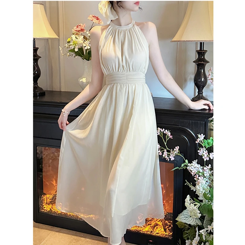 

New Vintage Sleeveless Halter Dress for Women Summer Elegant Solid High Waisted A-line Long Dresses Vacation Party Fairy Dress