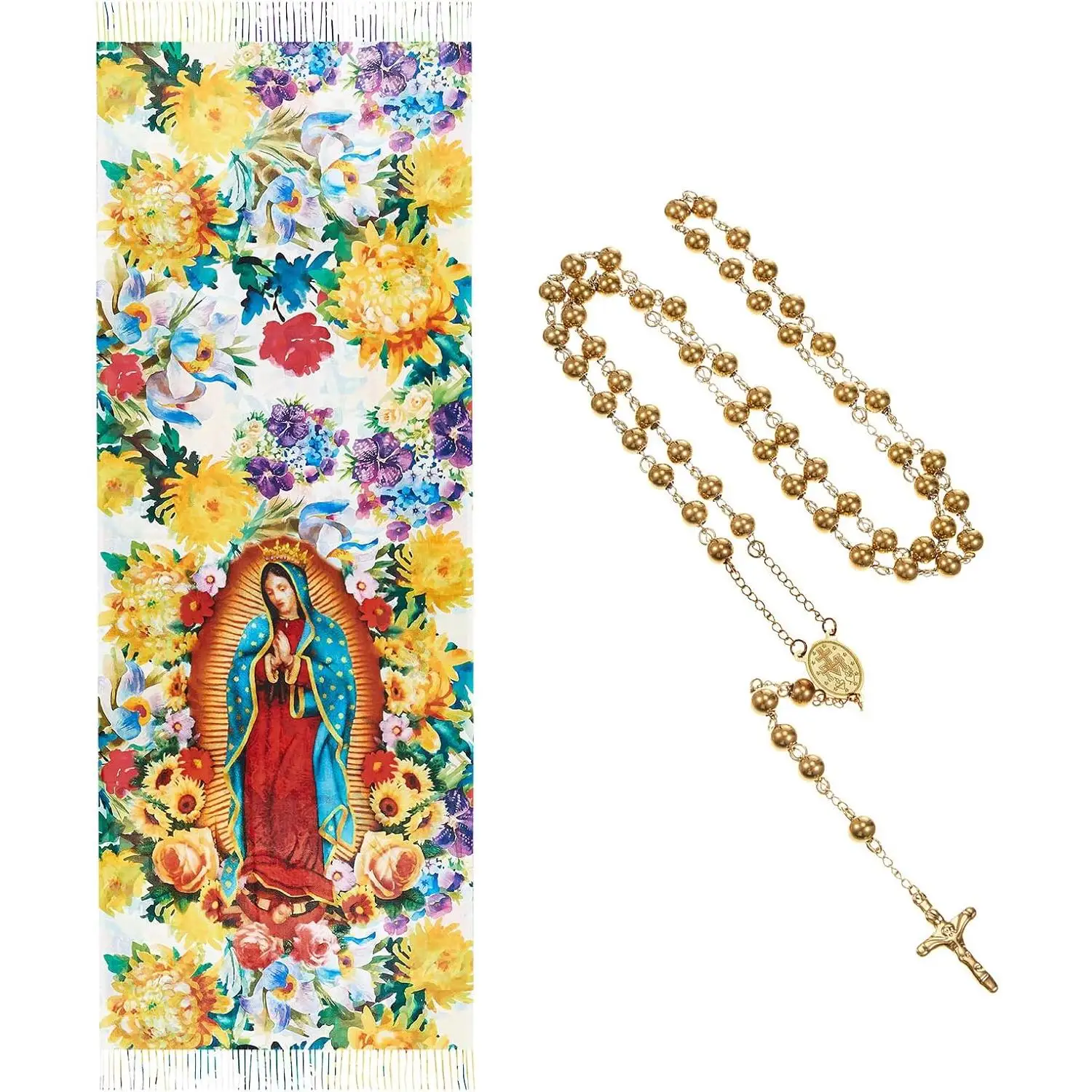 

Virgin Mary Long Scarf and Virgin Mary Bead Cross Necklace Virgen De Guadalup Blanket Scarf Shawls for Women