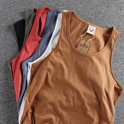 Verão New American Sleeveless O-pescoço Cor Sólida T-shirt Moda Masculina 100% Algodão Lavado Casual Sports Fitness Basketball Vest