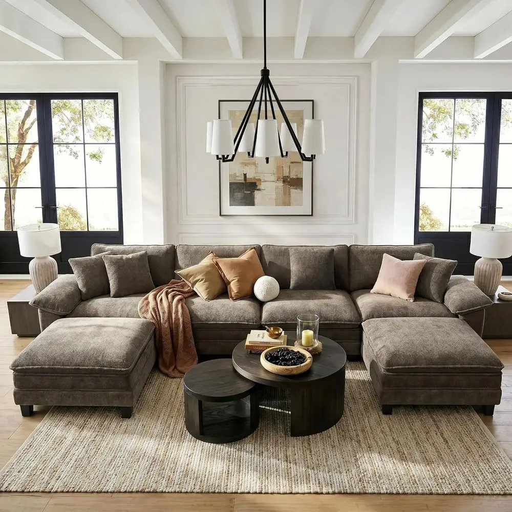

6-Seat Oversized Deep Seating Sofa with Ottoman and Throw Pillows, Chenille Ash