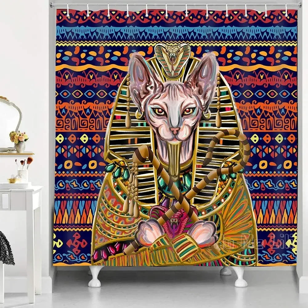 Egyptian Cat Pharaoh Retro Colorful Interesting Historical Art Shower Curtain Decoration Set