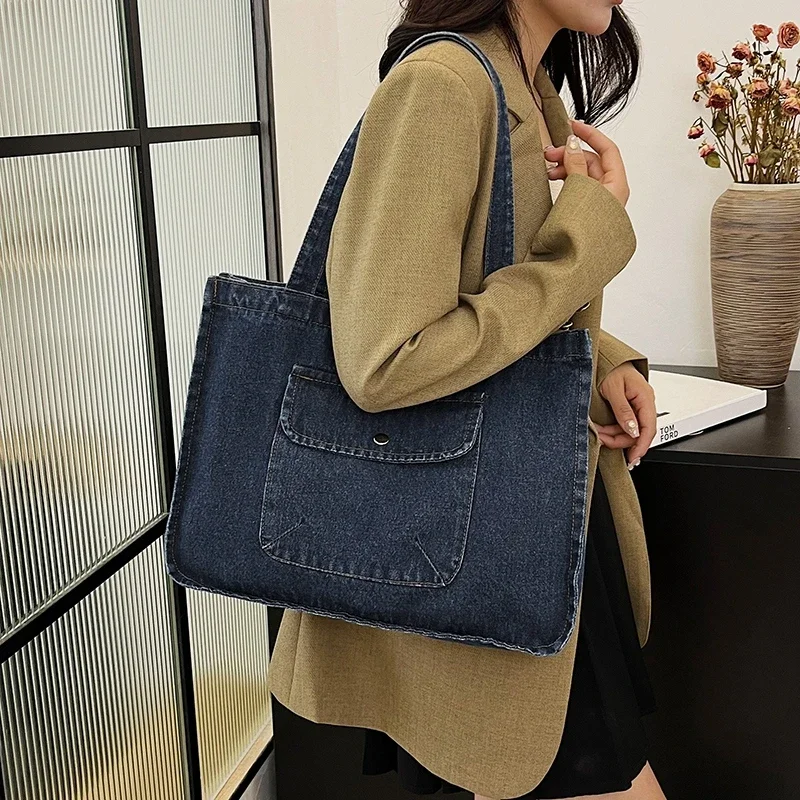 Borse Tote in Denim ad alta capacità cerniera per pendolarismo in stile base 2024 in vendita borse a tracolla da donna in tinta unita semplicità