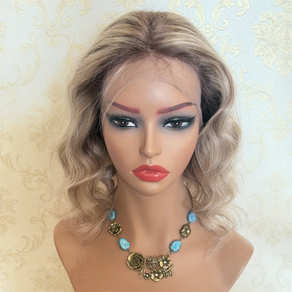 

Human Hair Full Lace Wigs for WomenShort Bob Wig Ash Blonde Highlights Pre Plucked Hairline HD Lace Stock Ready to Ship 14inch