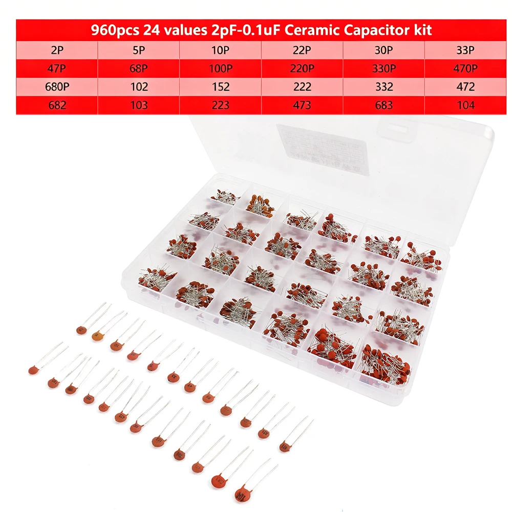 Kit de Condensadores Cerámicos de 300/960 Piezas, 2pF-0.1uF, Inserción Directa, Set Surtido de Componentes Electrónicos, Paquete de Muestras para Bricolaje