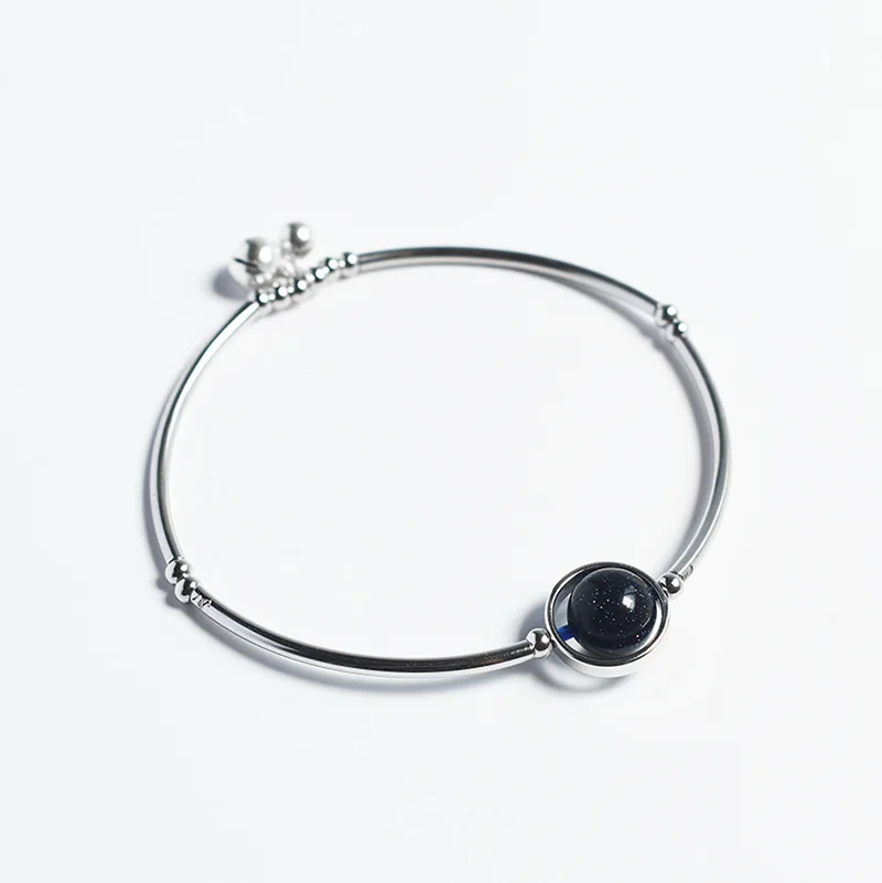 

Korean Version S925 Sterling Silver Bell Blue Sandstone Bracelet INS Style Crystal Bangle for Women