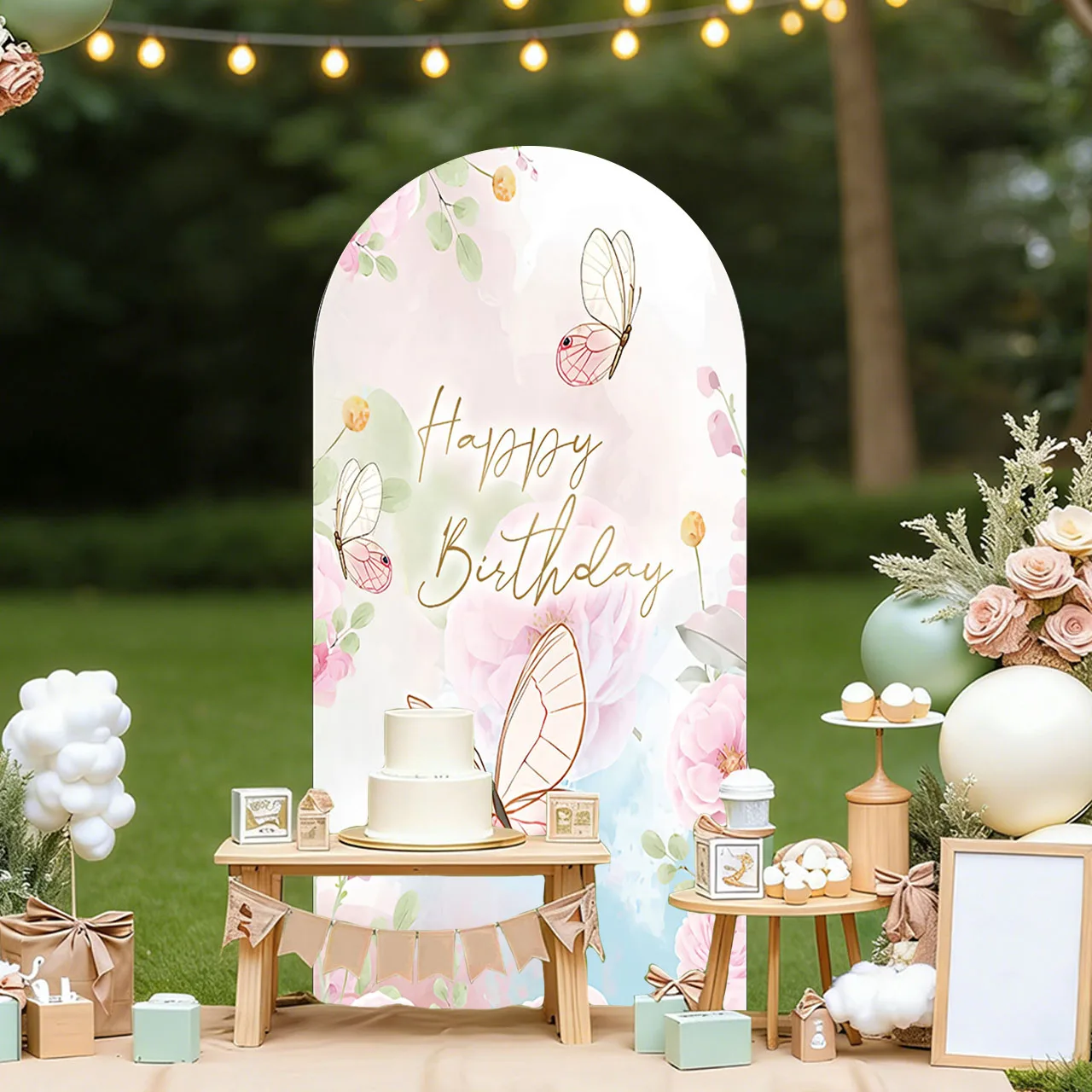 

Фотофон Mehofond Custom с двусторонним изображением для дня рождения девочки, с бабочками и цветами, для детского праздника, декор для арки Чиары, фон для фотосессий