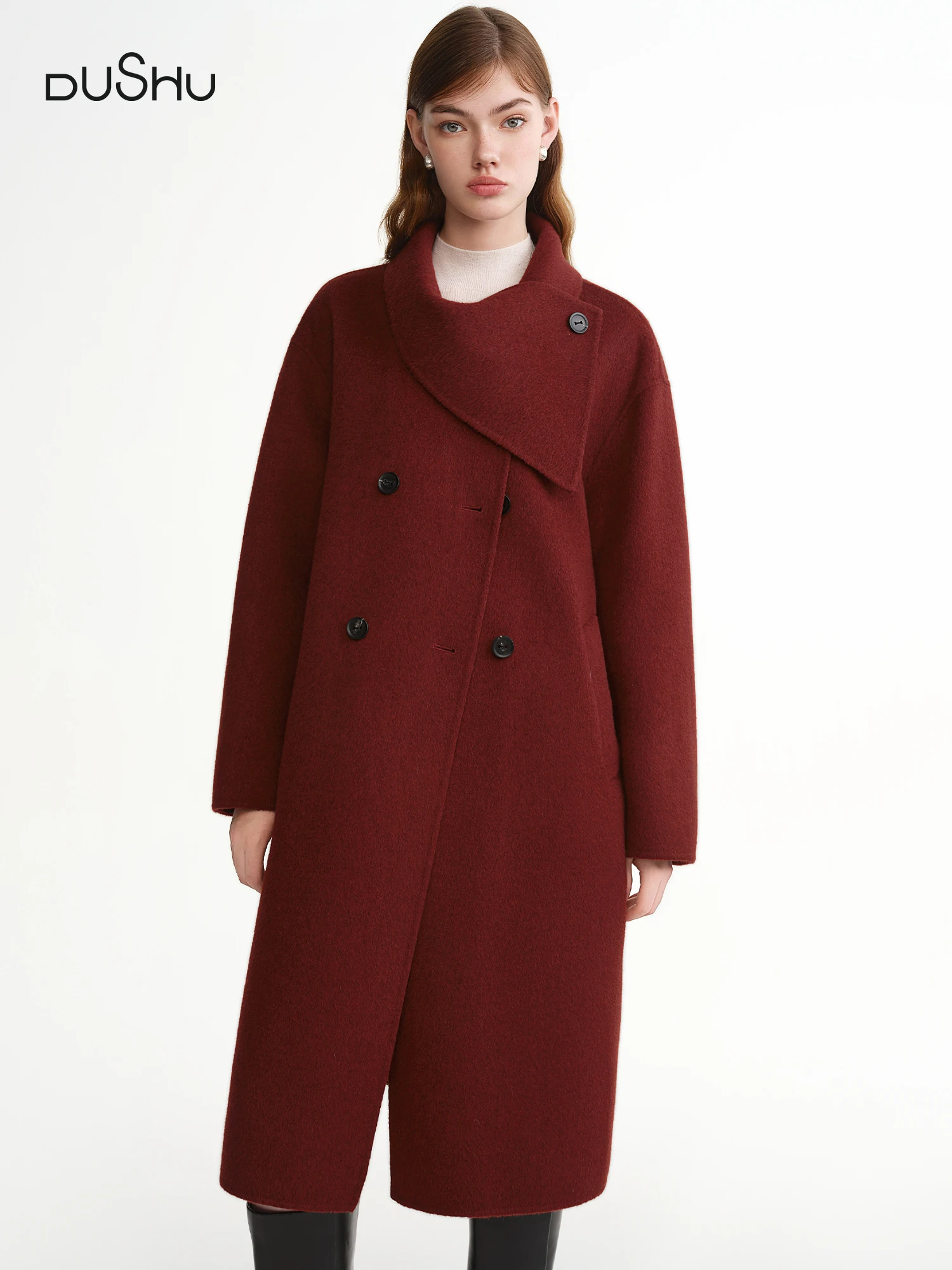 

DUSHU Plus-Size Women's Design-Driven Scarf Collar Wool-Blend Overcoat 2025 Winter New Arrival Wool Coats Two Colors Available