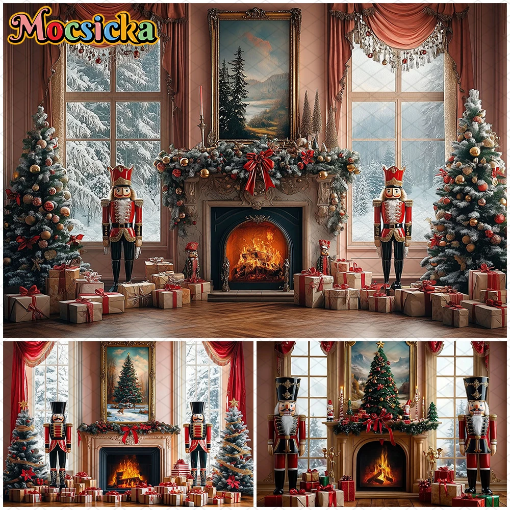 

Mocsicka Christmas Photography Backdrop Home Fireplace Xmas Tree Soldier Gifts Decoration Family Holiday Party Background Banner
