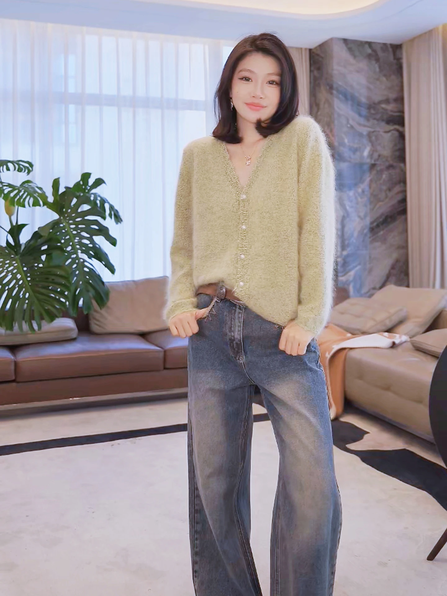 

100% шерстяной свитер из камвольной пряжи для отдыха, с V-образным вырезом, длинными рукавами, женский, модный, универсальный, повседневный, шерстяной трикотаж MESA0847