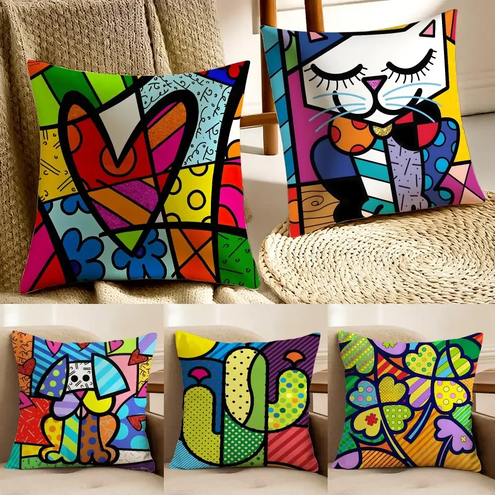 Vibrant Artwork R-Romero Britto Cushion Cover Faux fur decorative Dark academia style Cat scratching post Rustic pillow cover