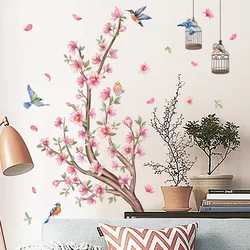 2pcs Branch Bird Peach Blossom Cartoon  Wall Sticker Cute Creative Background Wall Living Room Bedroom Decoration Wall Sticker