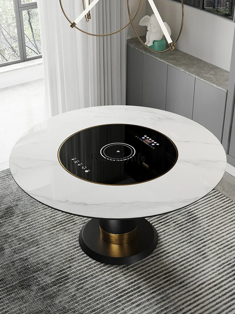 

Slate dining table household light luxury modern embedded electric rotating disk induction cooker