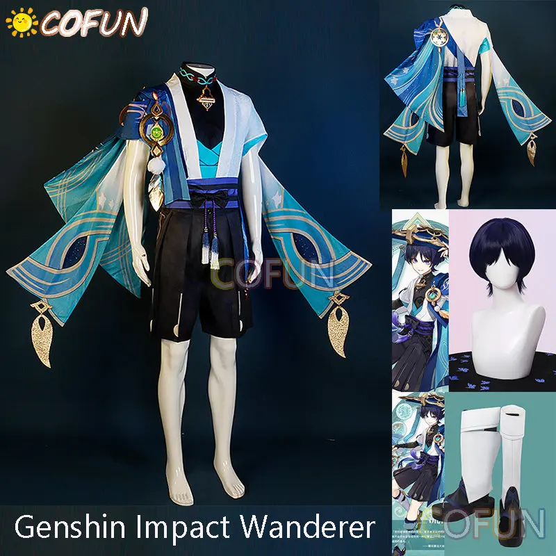 COFUN เกม Genshin Impact Wanderer ชุดคอสเพลย์ผู้หญิงหล่อแฟชั่น Combat Uniform กิจกรรม Party เล่นบทบาทวิกผมรองเท้า