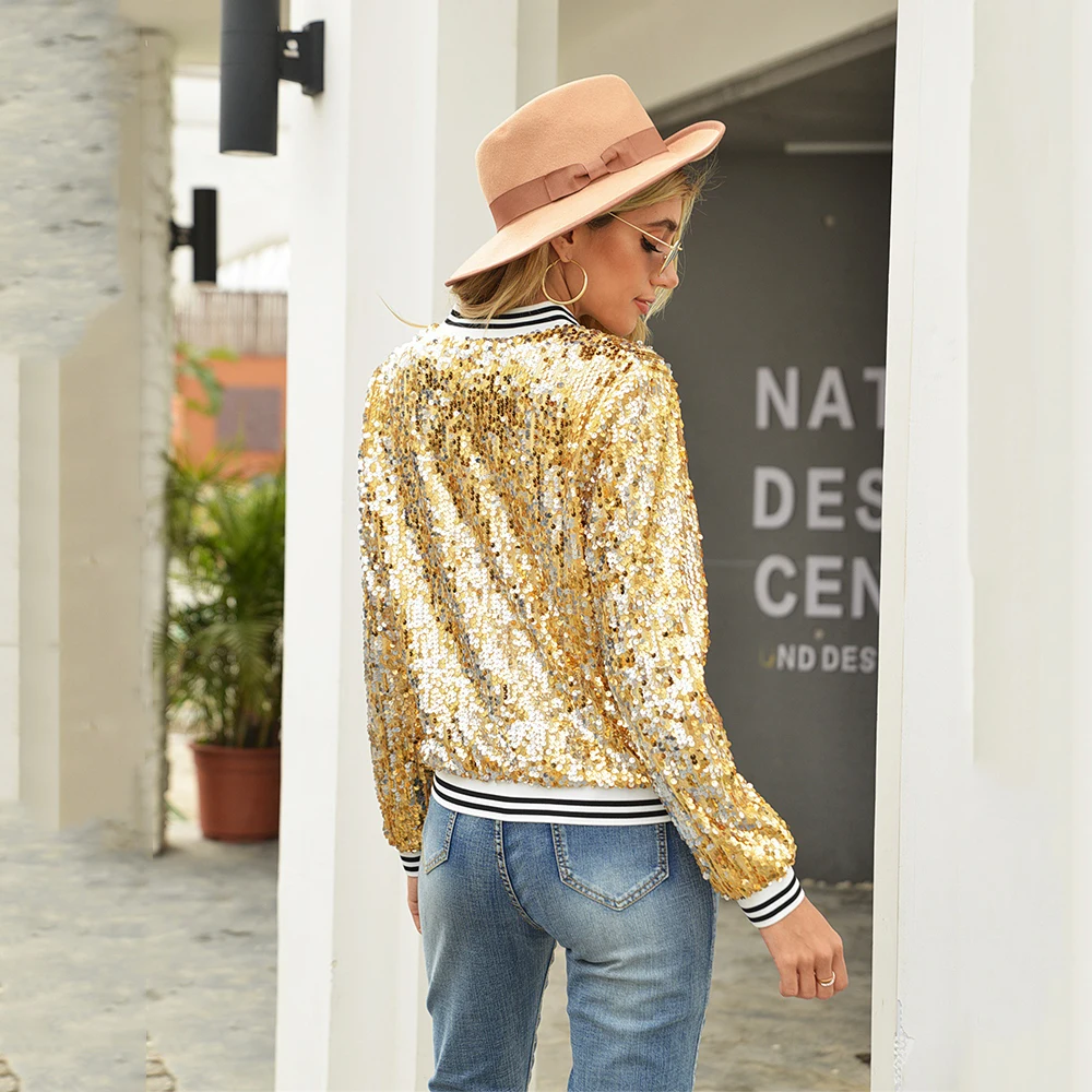 Women's Golden Outerwear Coat Fashion Sequin Long Sleeve Zippered Top Autumn New Style Jacket For Women Red Blue