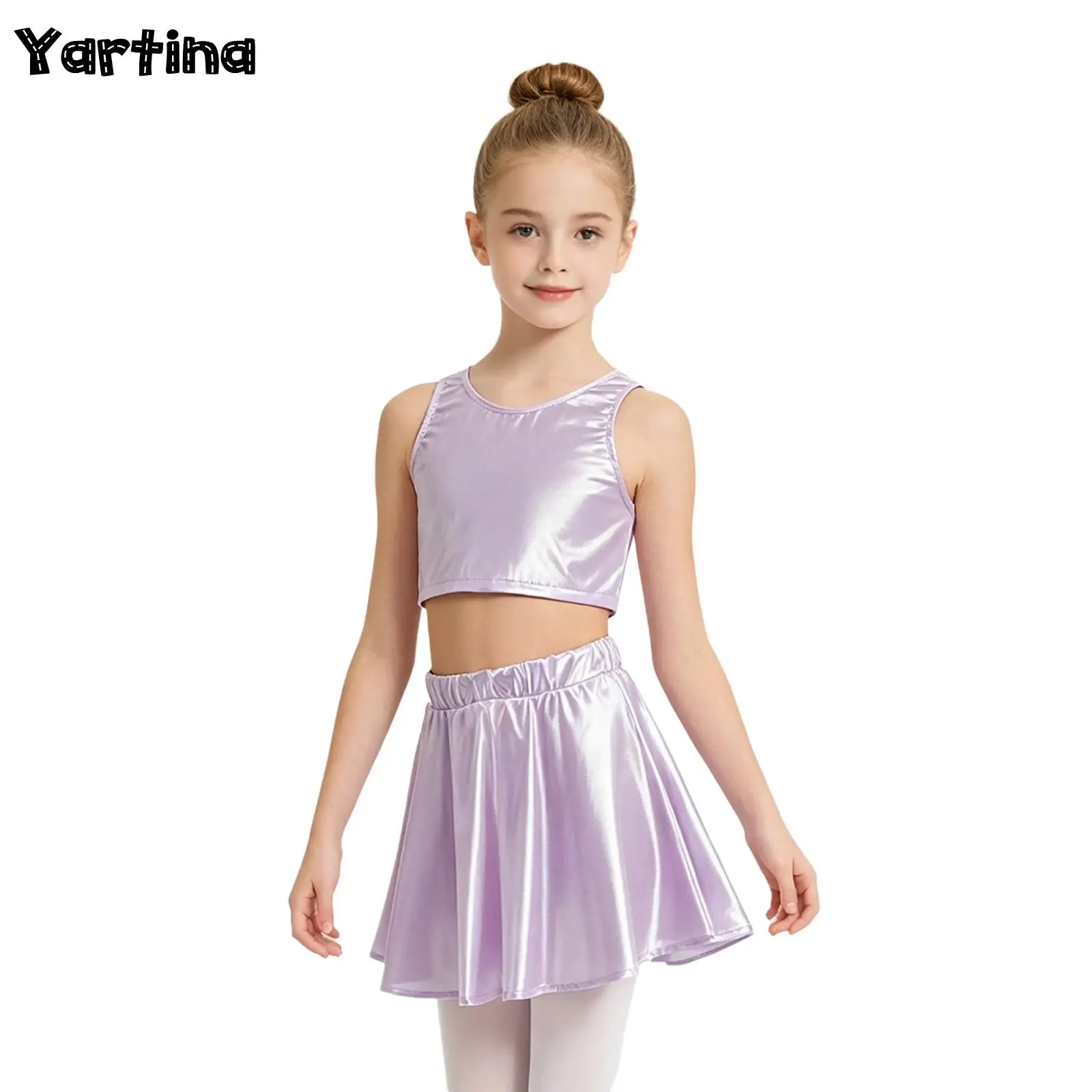 

Kids Girls Metallic Ballet Jazz Dance Outfit Sleeveless Crop Top with Skirt Hip Hop Cheerleading Jazz Dance Performance Costume