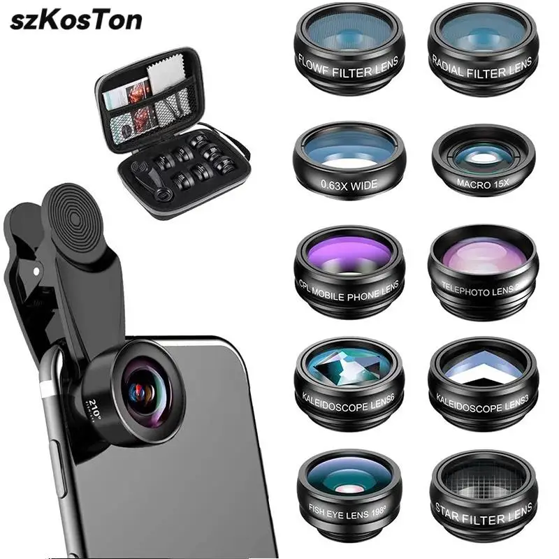 Kit de Lentes para Cámara de Teléfono Clip Ojo de Pez/Macro/Gran Angular para iPhone 16 15 14 13 12 11 Pro Max Samsung Smartphone