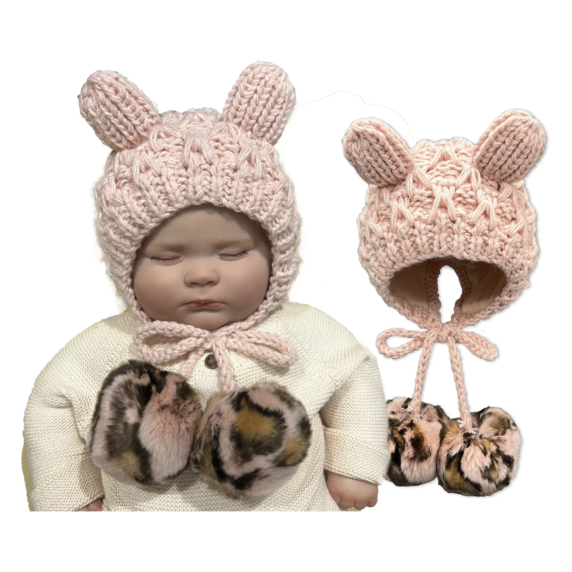 JANEFUR Infant Bonnet Hat with Real Fur Pom Pom 2024 Cute Thick Kids Toddler Earflap Beanies Baby Winter Crochet Cap