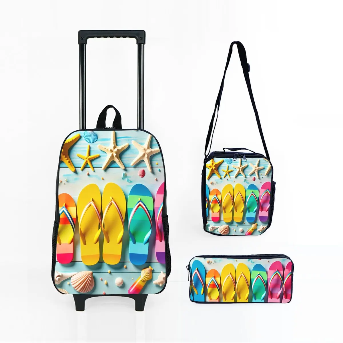 

Sandals and Shells Print Wheeled Rolling Bag Set with Lunch Box Pen Bag with Wheels School Trolley Backpack Bag for Girl/Boys