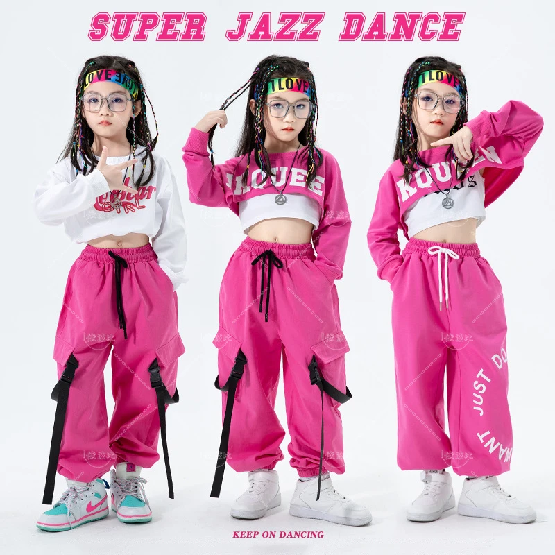 Costume de danse jazz hip-hop pour enfants, haut rose à manches longues, haut précieux, pantalon long, costume hip-hop pour filles