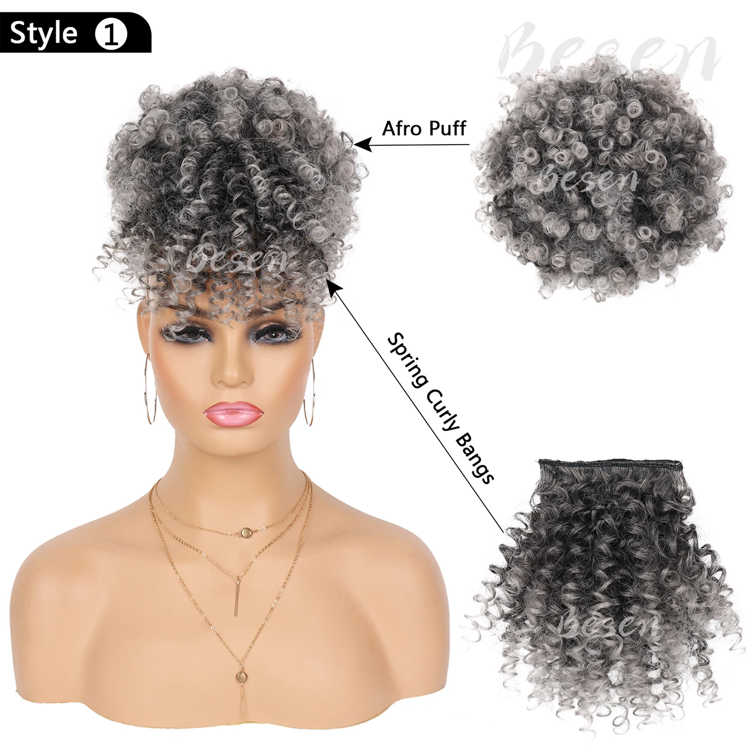 Syntetyczny kucyk Afro Puff ze sznurkiem i wymienną grzywką Szary Afro Puff Puff z 2-grzywką Klips do włosów w treski