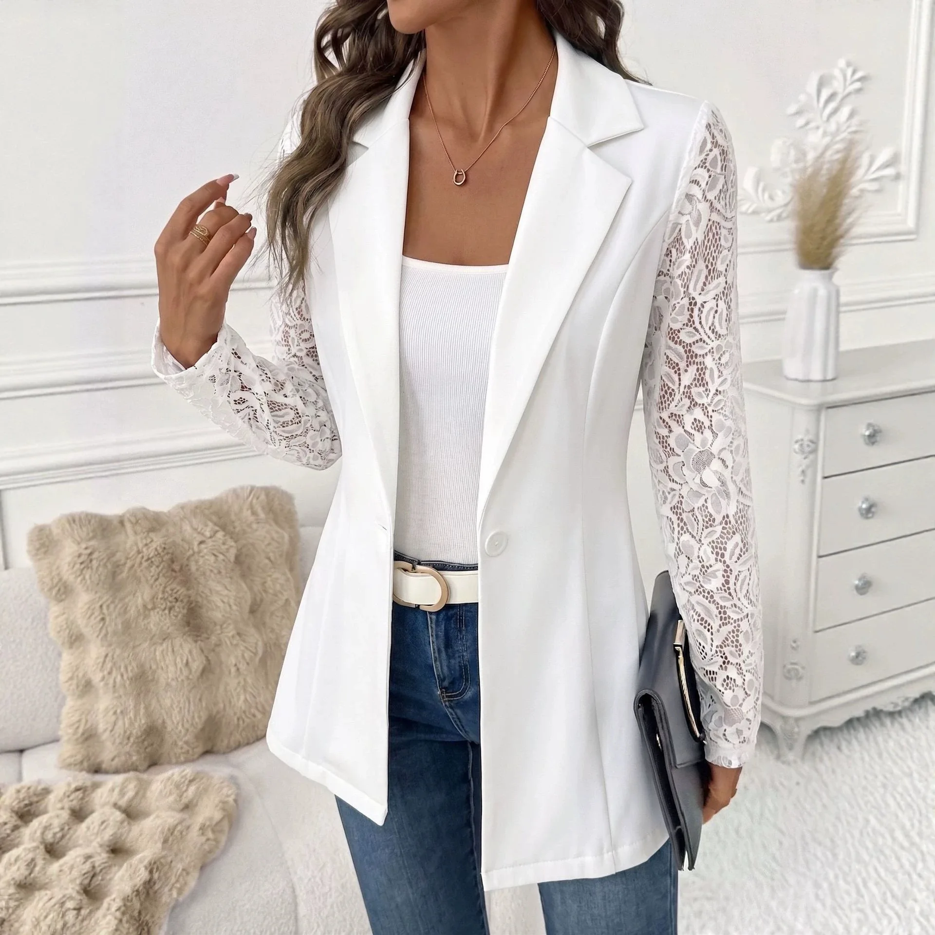 2026 Autumn. New Fashion Lapel. Smart Fit Single-button Small Suit Lace Long Sleeve Patchwork Jacket Party Clothing Boho