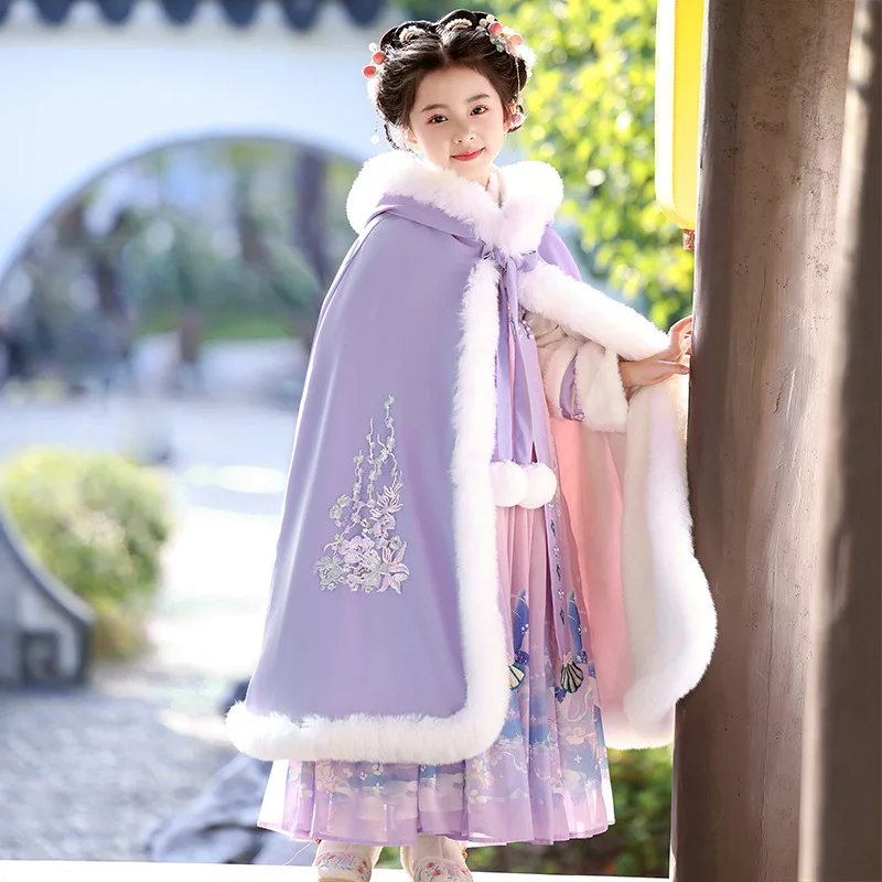 

Girls 2025 New Winter Warm Hanfu With Cloak Kids Ancient Fairy Costume Quilted Dress Kids Tang Suit Chinese New Year Clothing