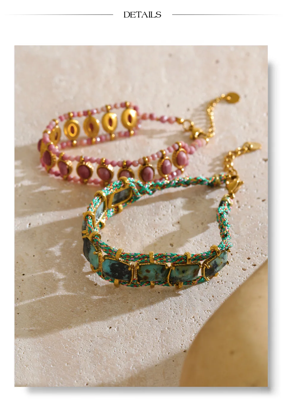 Yhpup Rhodochrosit Afrikanischer Türkis Stein Kettenarmband für Frauen Edelstahl Handgefertigter Exquisiter Schmuck – Detail 9