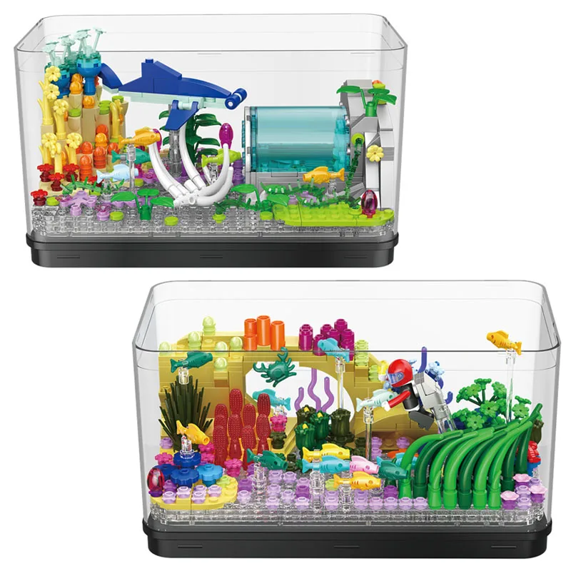 Creative Micro Aquarium Fish Tank Marine Museum Model Building Blocks Home Decoration Fishbowl With Light Bricks Toys Kids Gifts