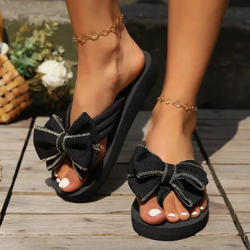 NEW Sandals 2024 Summer Rhinestone Bow Flower Wedge Heel Round Head Comfortable Flip-flops Women\'s Outdoor Beach Shoes