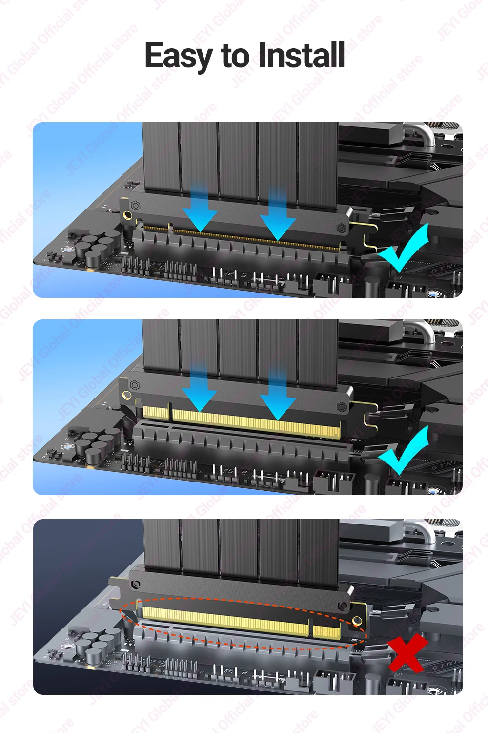 JEYI PCIe 4.0 X16 Verlängerungskabel (16GT/s) GPU-Riser für RTX 4090/4080 & RX 7900 XTX, Mining Rig/Vertikale Montage, 20/30/60cm Opti – Detail 8