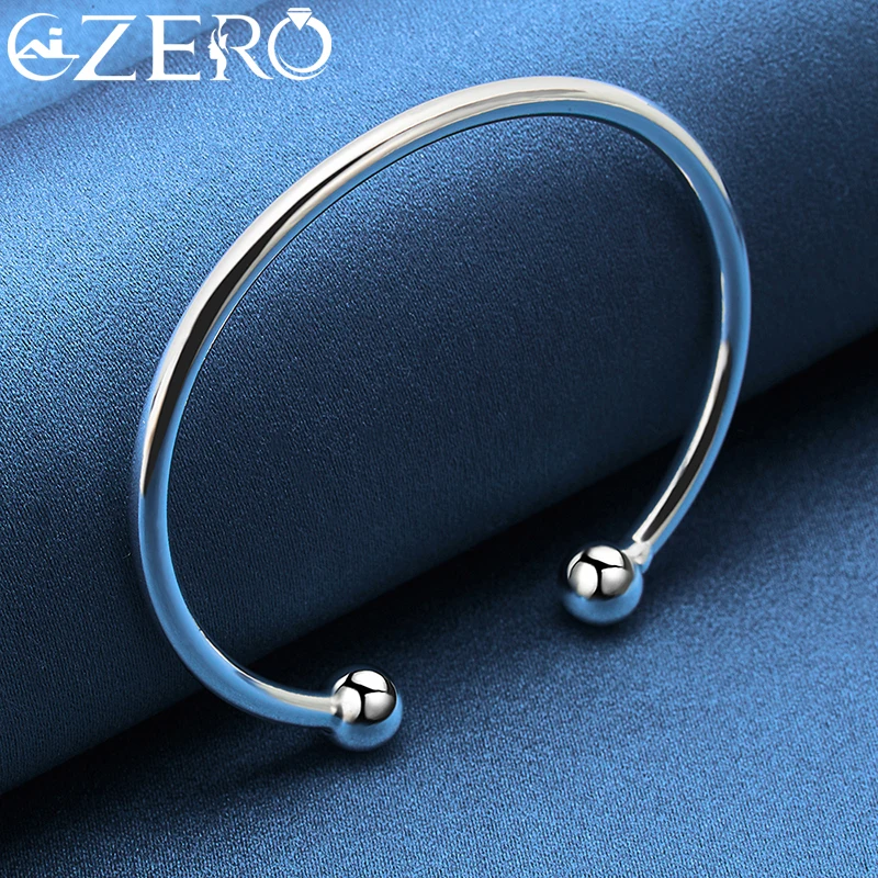 ALIZERO 925 Sterling Silver Solid Double Beads Cuff Bangle Bracelet For Women Man Wedding Engagement Party Jewelry Accessories