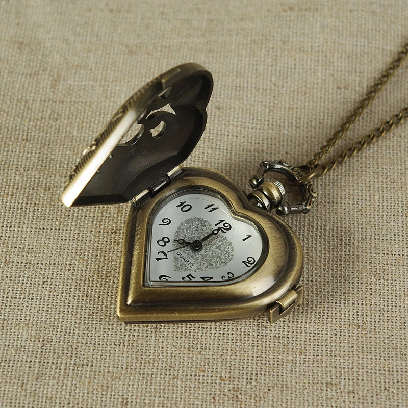 Vintage Bronzen Hart Vorm Ontwerp Hanger Quartz Zakhorloge Met Ketting Ketting Leisure Mannen Gift Klok Accessoires